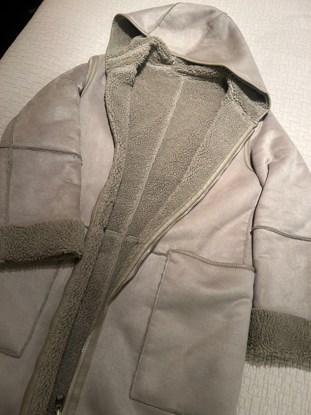 ZARA Reversible Taupe Hooded Shearling-Style Coat